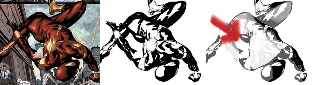 three versions of one spiderman comic showing how the lineart could be edited in a way more conscious of lighting